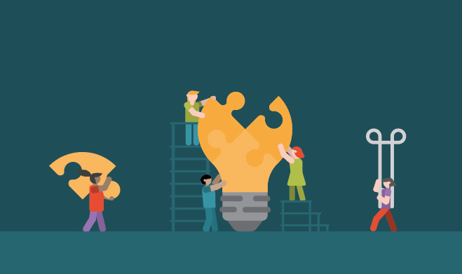 Illustration of people building a lightbulb puzzle