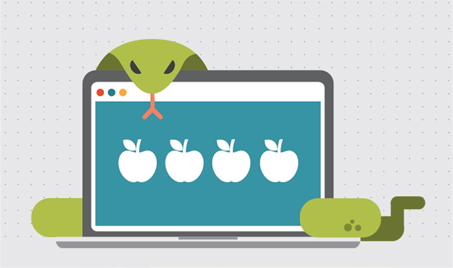 Computer illustration with 4 apples (sins) with a snake around it