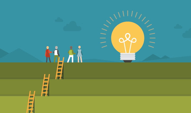 Illustration of people climbing ladders to the lightbulb of ideas