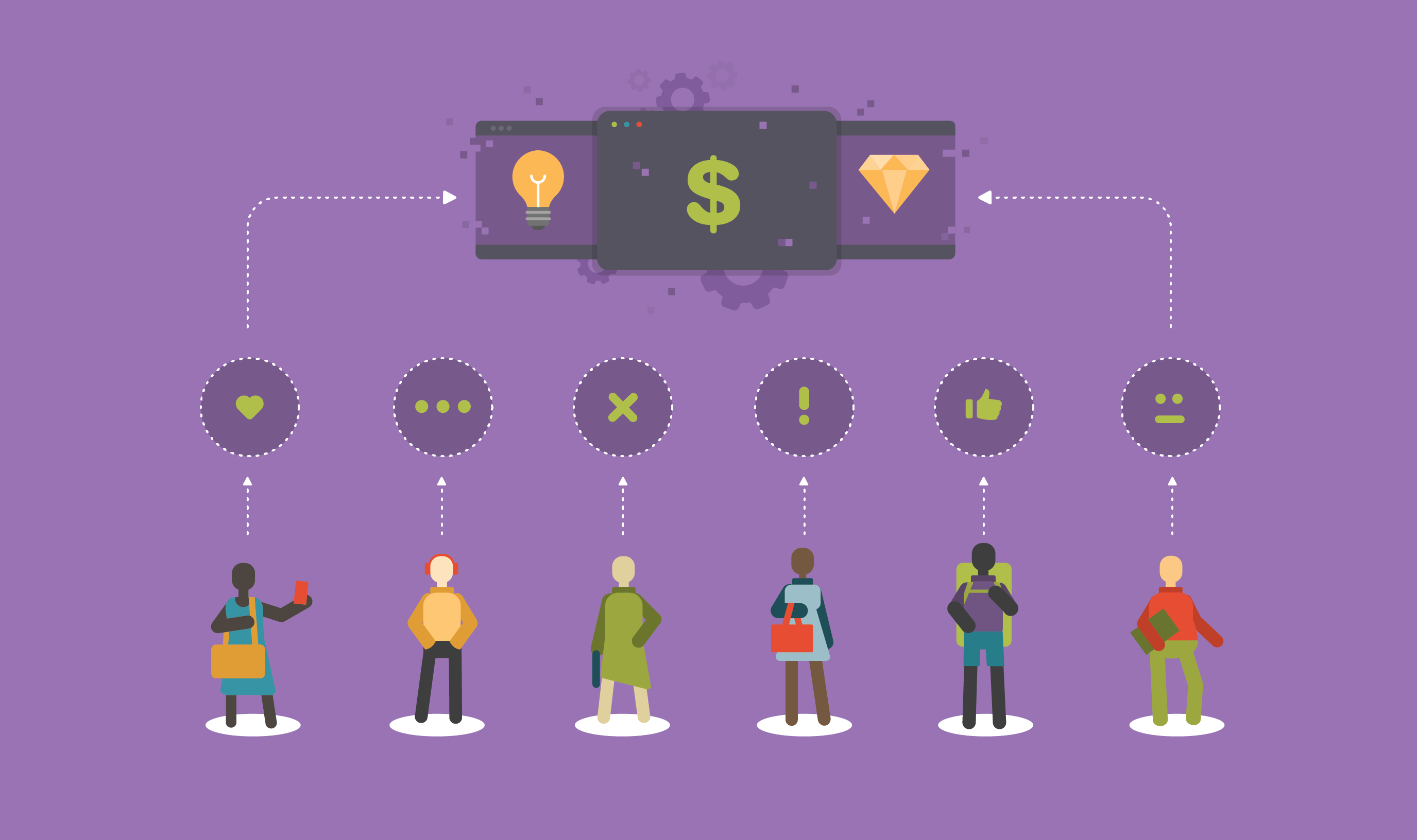 Illustration of diverse group of people with different opinion icons above their head as currency