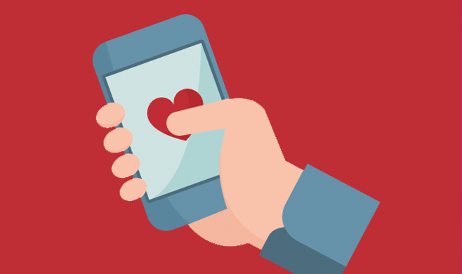 Illustration of a phone in a hand with a heart on it